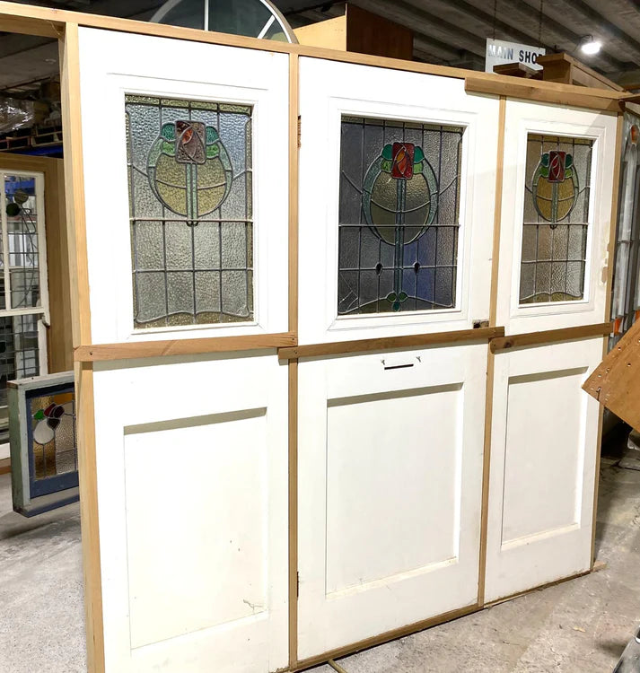 Complete grand heritage timber entry door set with two matching side leadlight windows (sidelites) available to buy at Chippendale Restorations second hand doors yard.