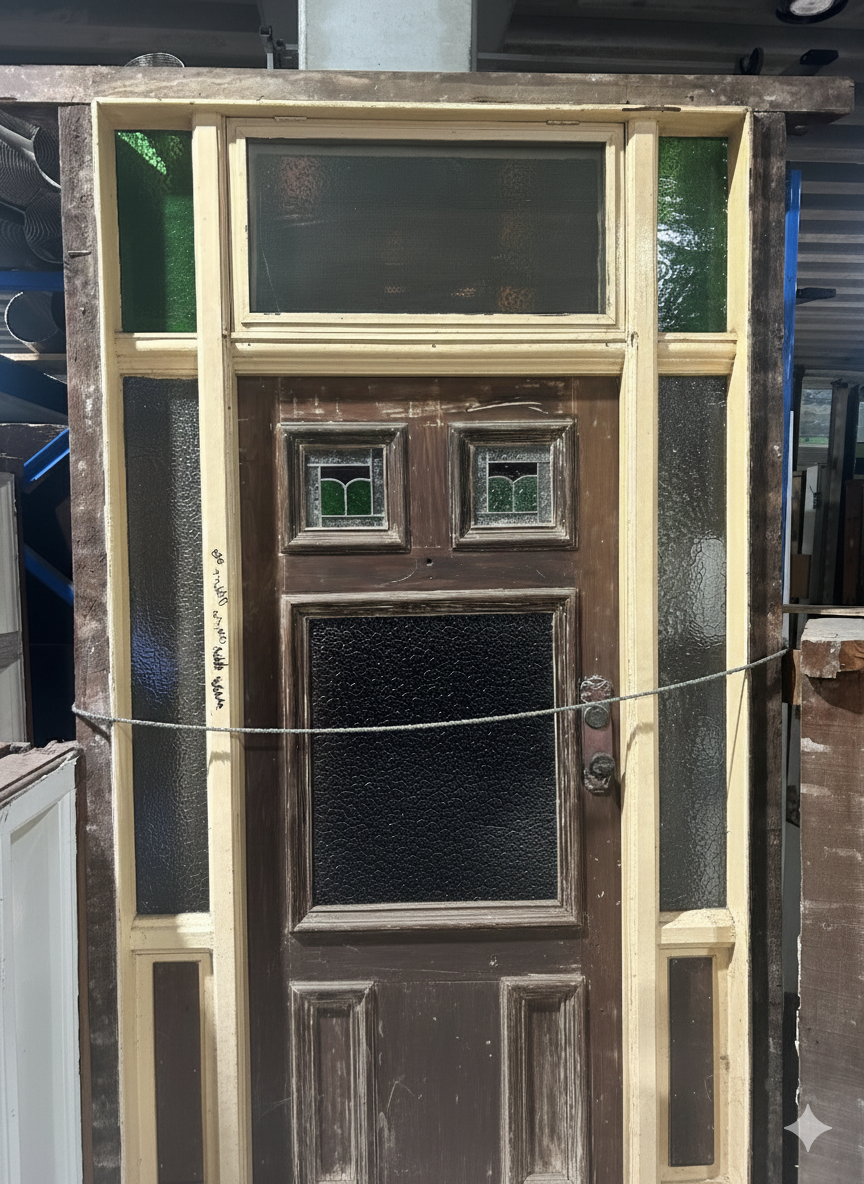 Authentic white Federation timber front door featuring high-set geometric textured leadlight privacy glass windows from Chippendale Restorations second hand doors yard.