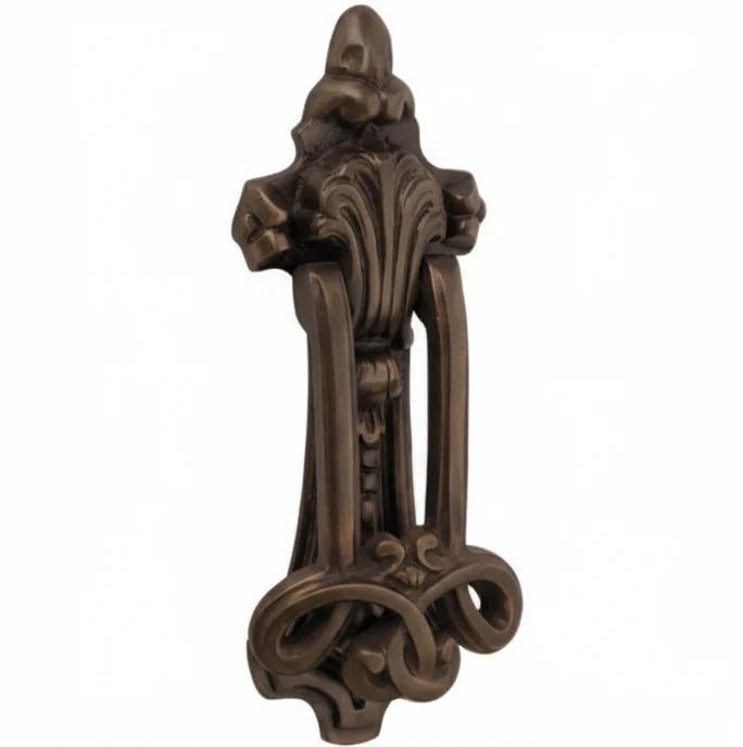 Ornate Federation style door knockers displayed in polished brass, antique bronze, and matte black finishes for traditional front door restoration.
