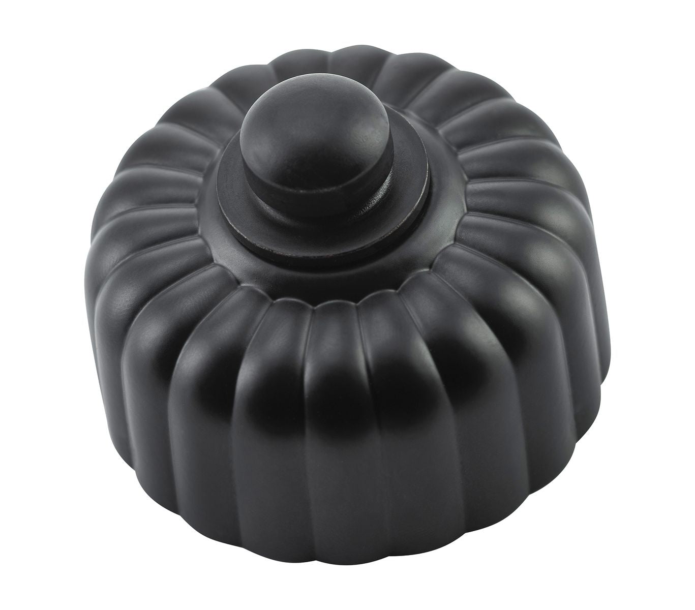 Detailed view of a Fluted Fan Controller with a ridged, textured control knob and a coordinating smooth or stepped round base plate, shown in a polished metal finish.