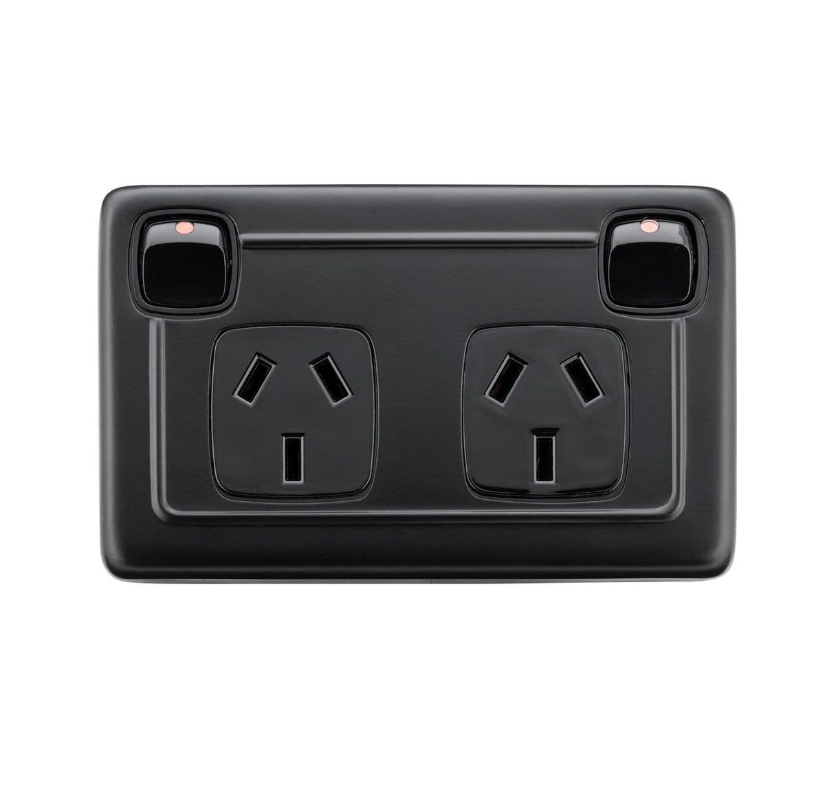 2 Gang Flat Plate Rocker Switches with Double Socket - Matt Black