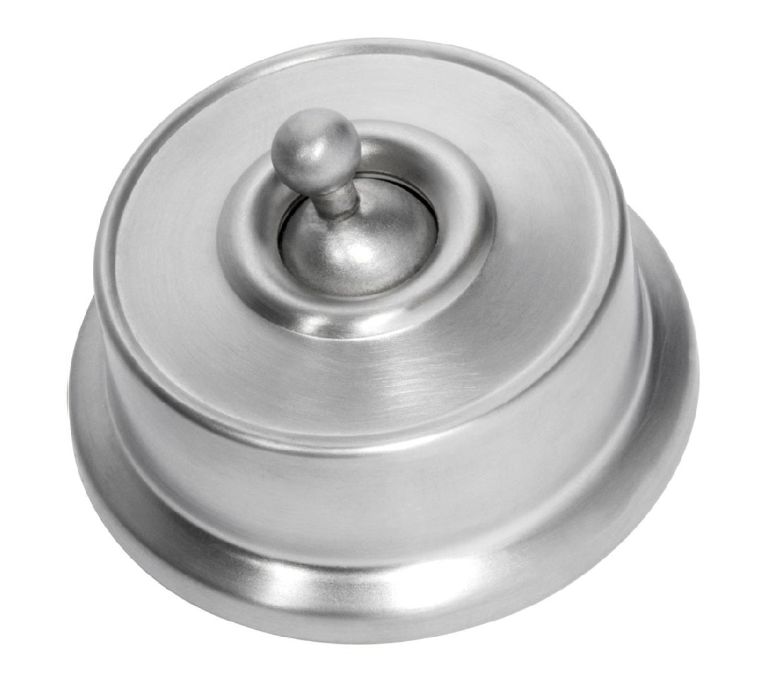 Close-up of a Federation Light Switch with a square or rectangular plate and a decorative edge, featuring a classic toggle or dolly switch, shown in a heritage metal finish.