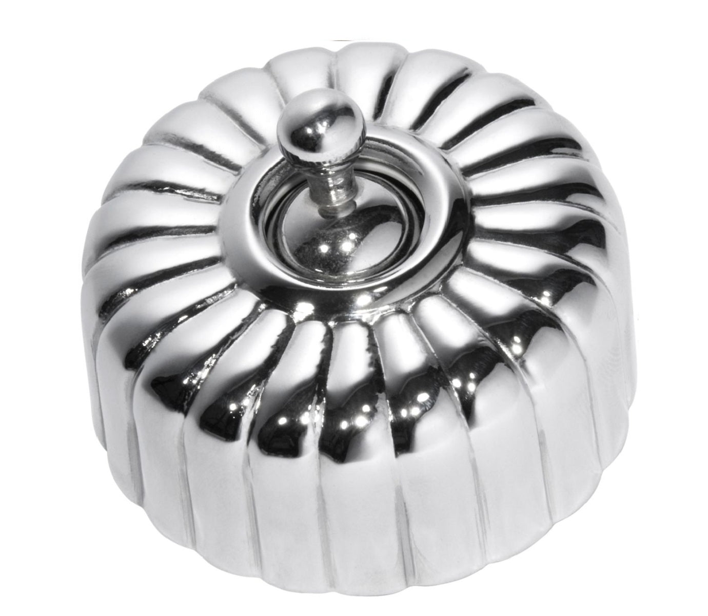 Close-up of a Fluted Light Switch wall plate and dolly switch, distinguished by its unique vertical ridged/ribbed design and presented in a polished or brushed metal finish.