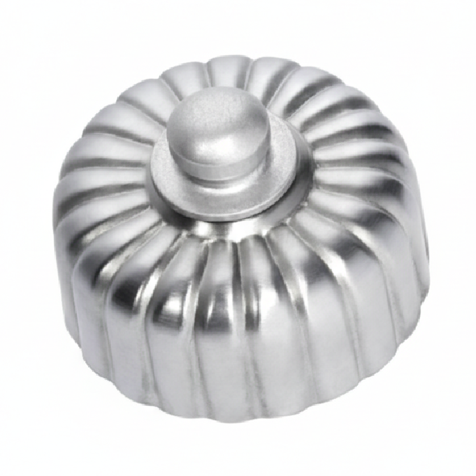 Detailed view of a Fluted Fan Controller with a ridged, textured control knob and a coordinating smooth or stepped round base plate, shown in a polished metal finish.