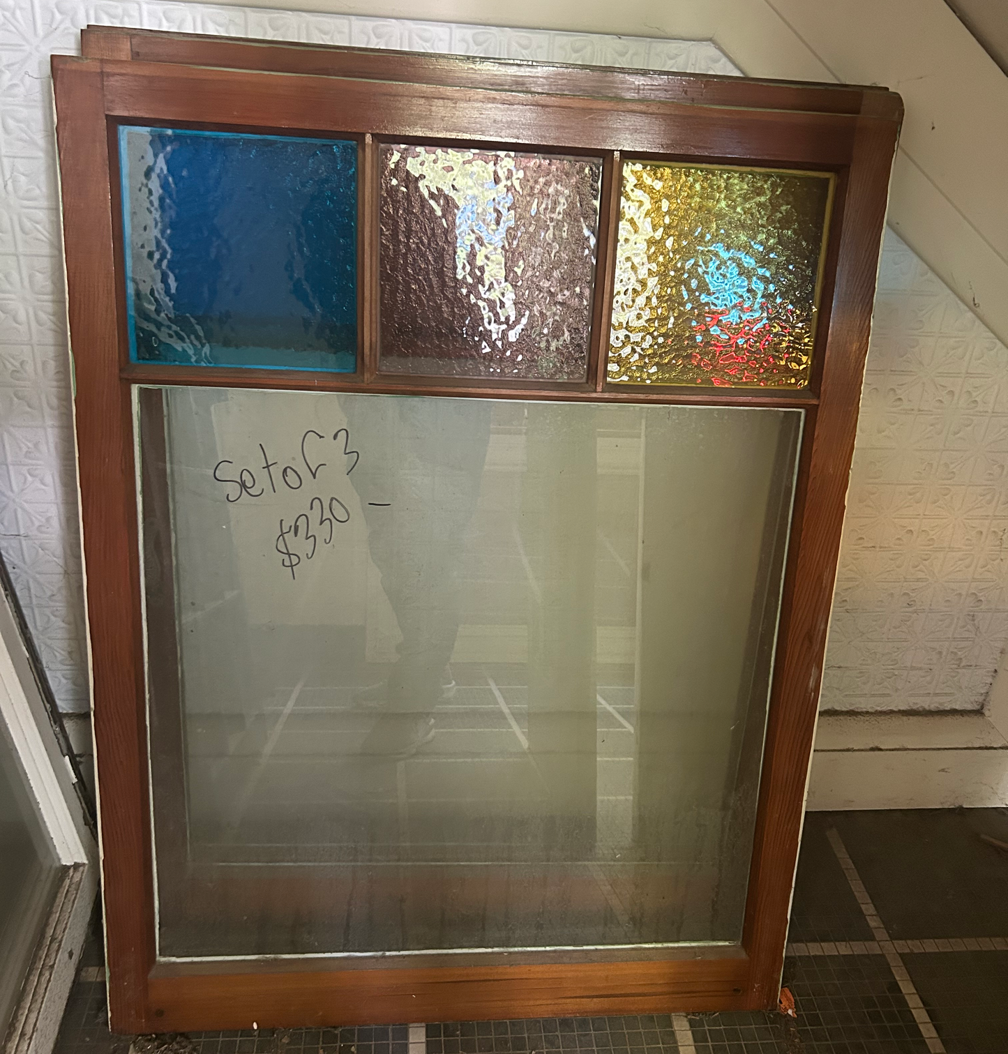 Set of 3, Leadlight Window with Coloured Glass Highlight