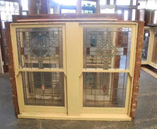 Pair Leadlight Double Double Hung Windows - Original Vintage Salvage Window