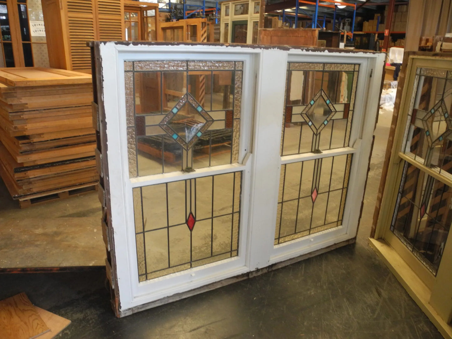 Pair Leadlight Double Double Hung Windows