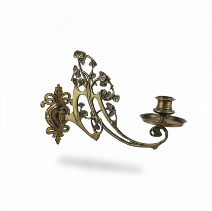 Highly ornate Art Nouveau-style single candle sconce made of brass, featuring an elaborate backplate and a curved arm with decorative leaf motifs, ending in a candle cup and drip tray.