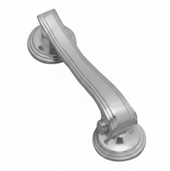 Art Deco style vertical drop door knocker with a sleek, mirror-finish chrome plated coating, perfect for a modern or heritage entryway.