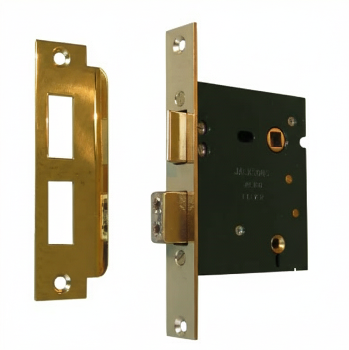 Close-up view of a polished brass 3-lever mortice sashlock mechanism, showing the rectangular lock body, the key-operated deadbolt, and the latch bolt protruding from the bright gold faceplate.