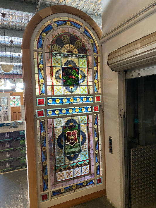 Circa 1880 "Defend the Crown" Staircase Window - Original Vintage Salvage Window