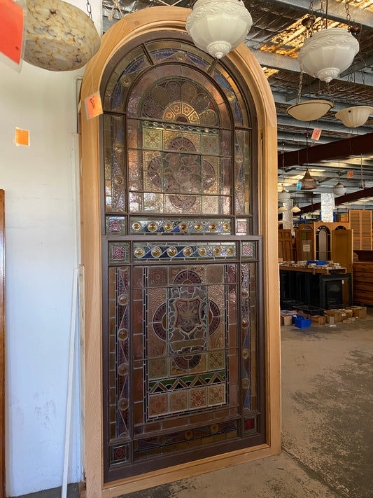 Circa 1880 "Defend the Crown" Staircase Window - Original Vintage Salvage Window