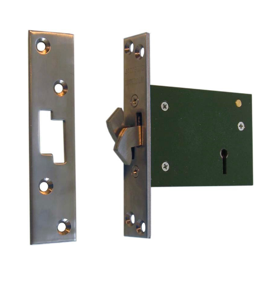 A high-security mortice sashlock mechanism with a satin stainless steel faceplate and a dark green lock case on a white background, clearly showing the reversible latch bolt and the deadbolt.