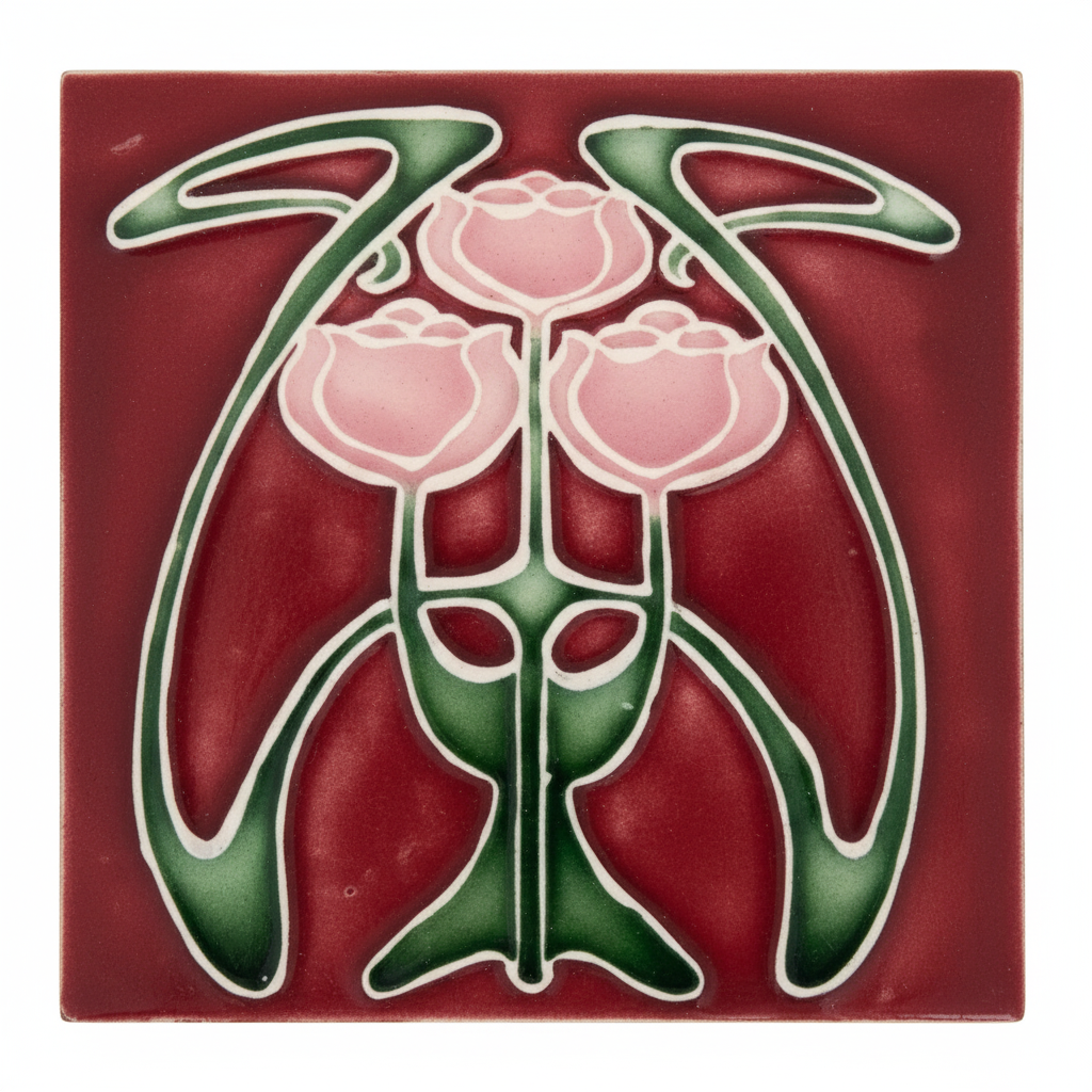 3 Pink Flowers, Burgundy Background