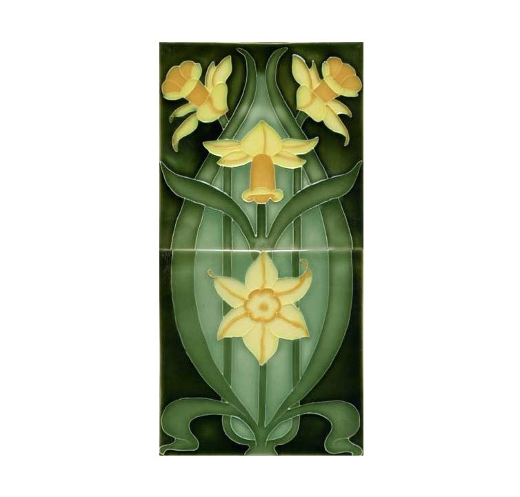 2 Tile Set Daffodils, Victorian Green Background