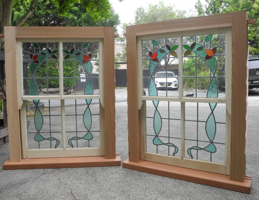 Pair Double Hung Leadlight Windows - Original Vintage Salvage Window