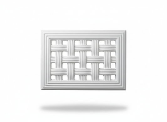 Sydney A close-up of a new white decorative plaster wall or ceiling vent with an ornate, traditional pattern.