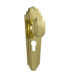 Elwood Art Deco Door Knob (Entrance) – Long Backplate - Polished Brass
