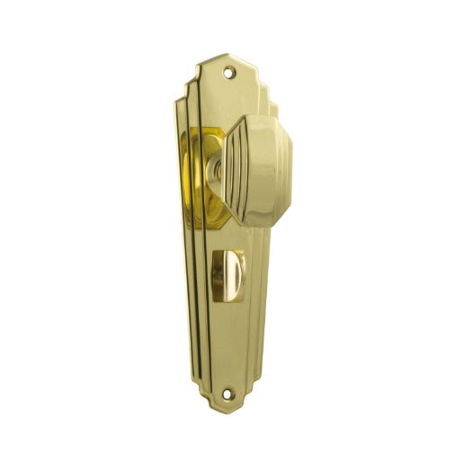 Elwood Art Deco Door Knob (Privacy) – Long Backplate - Polished Brass