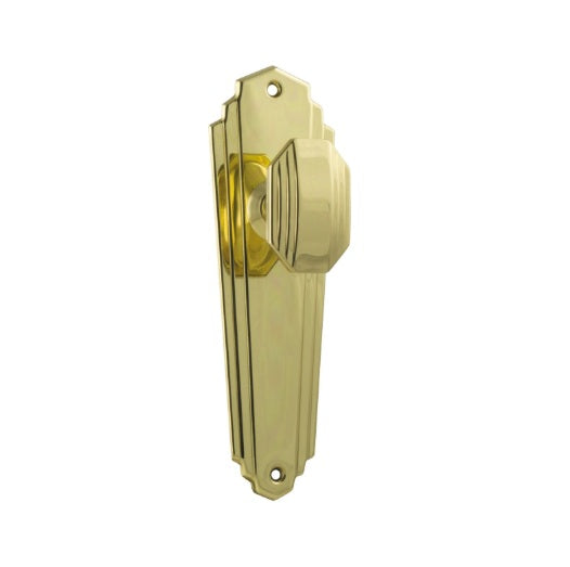 Elwood Art Deco Door Knob (Passage) – Long Backplate - Polished Brass