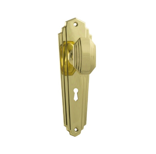 Elwood Art Deco Door Knob (Skeleton Key) – Long Backplate - Polished Brass