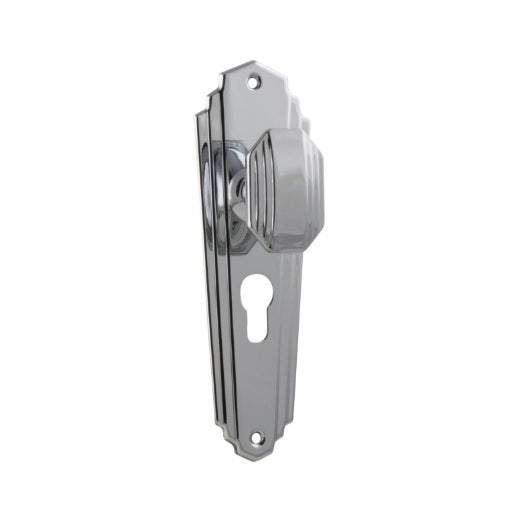Elwood Art Deco Door Knob (Entrance) – Long Backplate - Chrome Plated