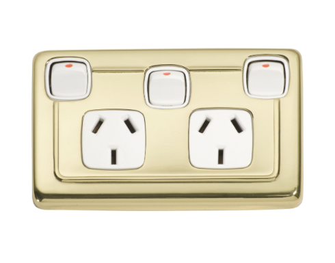 3 Gang Flat Plate Rocker Switches with Double Socket - Polished Brass