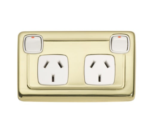 2 Gang Flat Plate Rocker Switches with Double Socket - Polished Brass