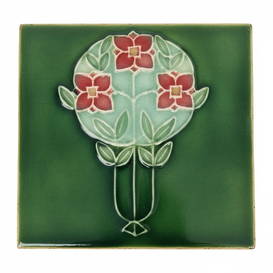 Pink Flowers, Green Background - Porteous Fireplace Tiles Sydney