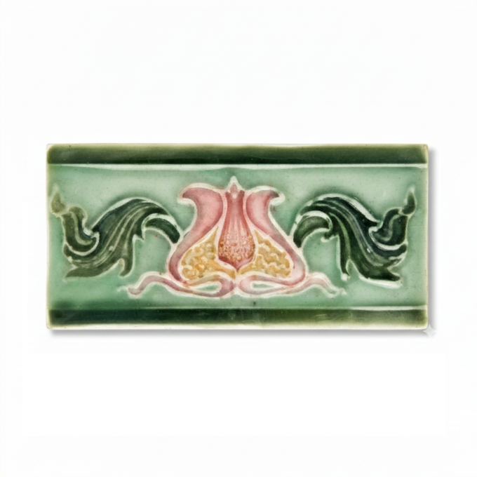 Pink Flower, Light Green Background, Victorian Green Border