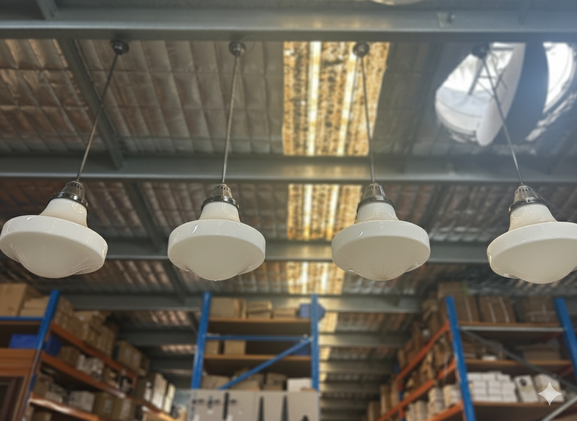 A matching set of four large, salvaged white opal glass schoolhouse pendant lights hanging from metal rods and silver ceiling fittings in a warehouse setting.