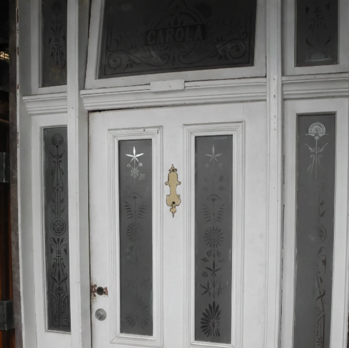 Original Victorian front entranceway door set in white with decorative etched glass panels from Chippendale Restorations second hand doors.
