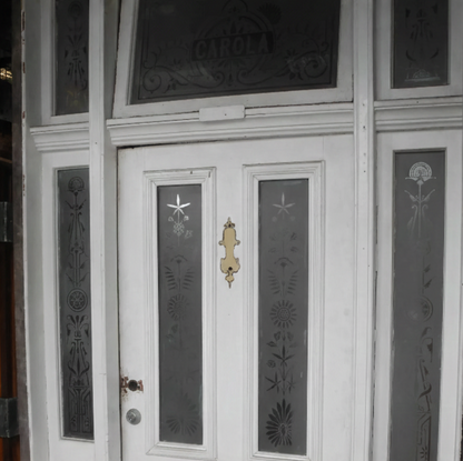Original Victorian front entranceway door set in white with decorative etched glass panels from Chippendale Restorations second hand doors.