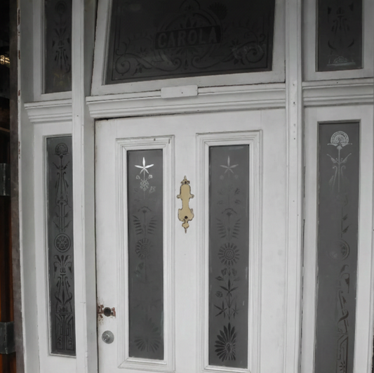 Original Victorian front entranceway door set in white with decorative etched glass panels from Chippendale Restorations second hand doors.