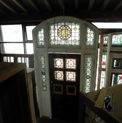 Rare Victorian grand entranceway featuring hand-painted bird motifs in leadlight glass panels from Chippendale Restorations second hand doors.