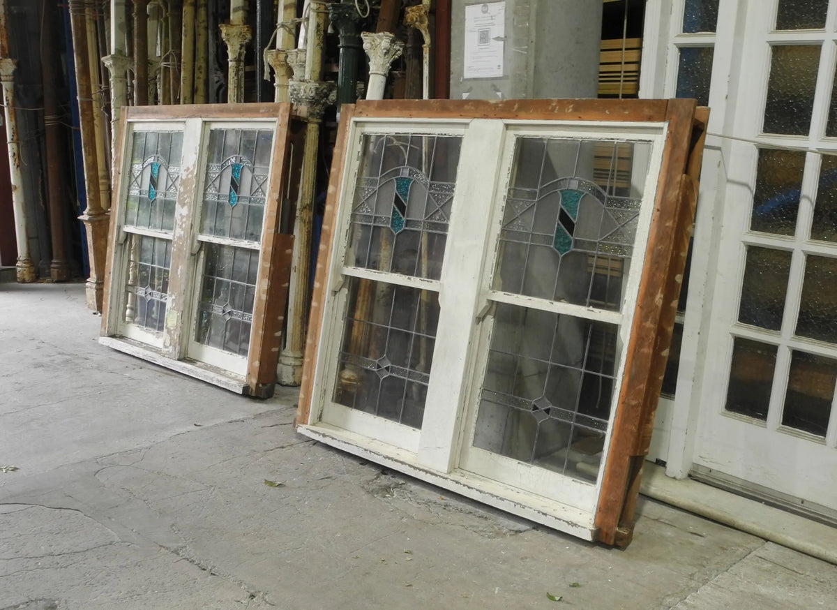 Pair Double Double Hung Leadlight Windows - Original Vintage Salvage Window