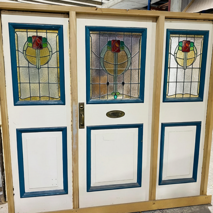 Complete grand heritage timber entry door set with two matching side leadlight windows (sidelites) available to buy at Chippendale Restorations second hand doors yard.