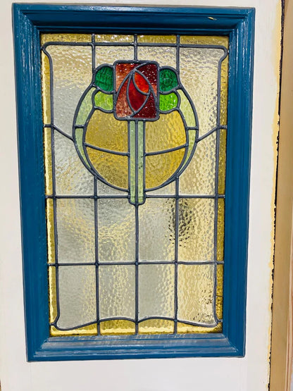 Intricate geometric leadlight glass panel configuration on a salvaged timber front door frame system from Chippendale Restorations.