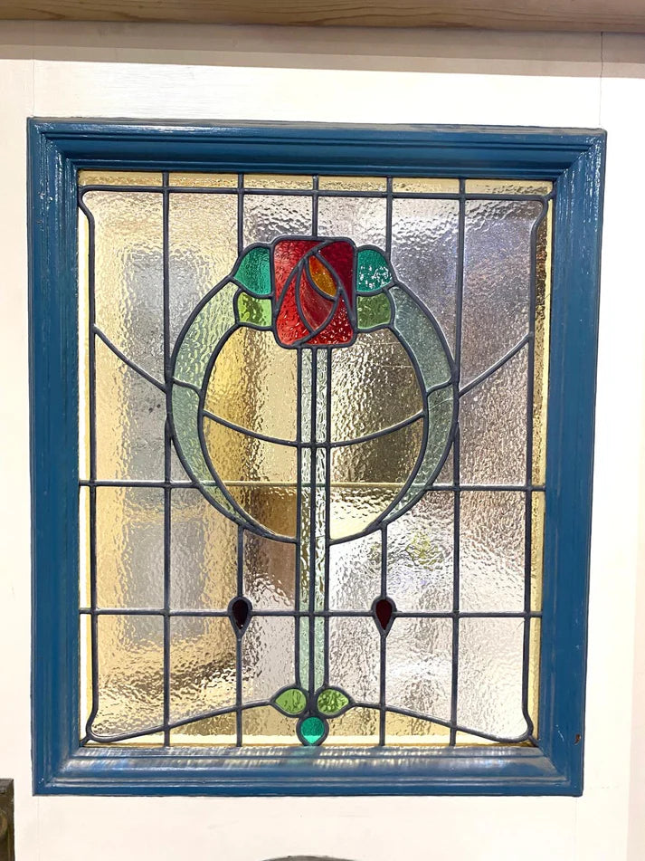Intricate geometric leadlight glass panel configuration on a salvaged timber front door frame system from Chippendale Restorations.