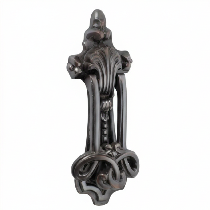 Ornate Federation style door knockers displayed in polished brass, antique bronze, and matte black finishes for traditional front door restoration.