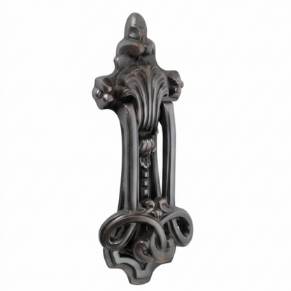 Ornate Federation style door knockers displayed in polished brass, antique bronze, and matte black finishes for traditional front door restoration.