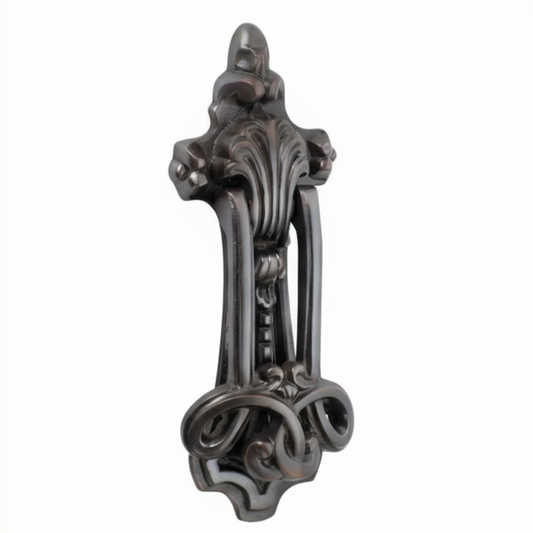 Ornate Federation style door knockers displayed in polished brass, antique bronze, and matte black finishes for traditional front door restoration.