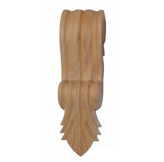 Hand-carved timber corbel with decorative scrollwork, providing support for a shelf or mantelpiece.