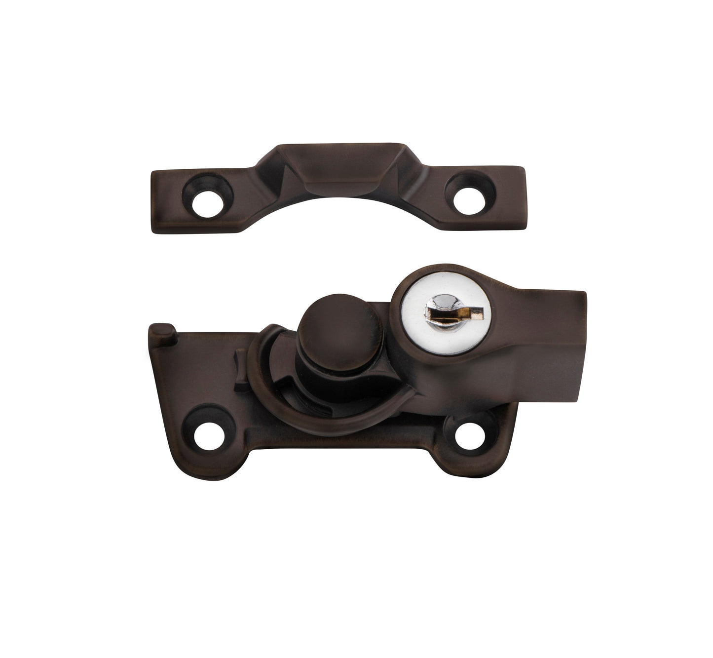 Wide Base Key Operated Locking Sash Fastener - Antique Brass