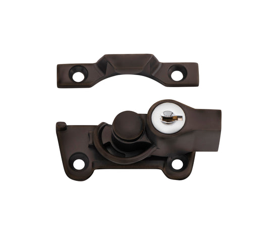 Wide Base Key Operated Locking Sash Fastener - Antique Brass