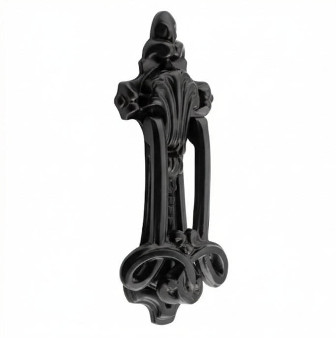 Ornate Federation style door knockers displayed in polished brass, antique bronze, and matte black finishes for traditional front door restoration.