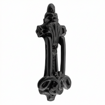 Ornate Federation style door knockers displayed in polished brass, antique bronze, and matte black finishes for traditional front door restoration.