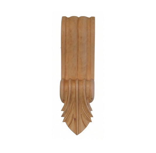 Hand-carved timber corbel with decorative scrollwork, providing support for a shelf or mantelpiece.