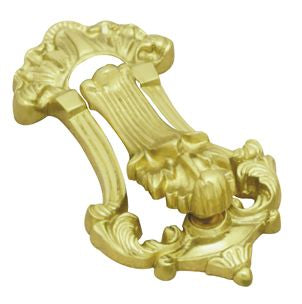 Ornate drop door knocker in a bright, polished brass finish, featuring a highly decorative, classic ornamental design.