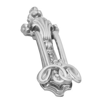 Ornate drop door knocker in a highly reflective chrome plated finish, featuring a complex, decorative rococo-inspired design.